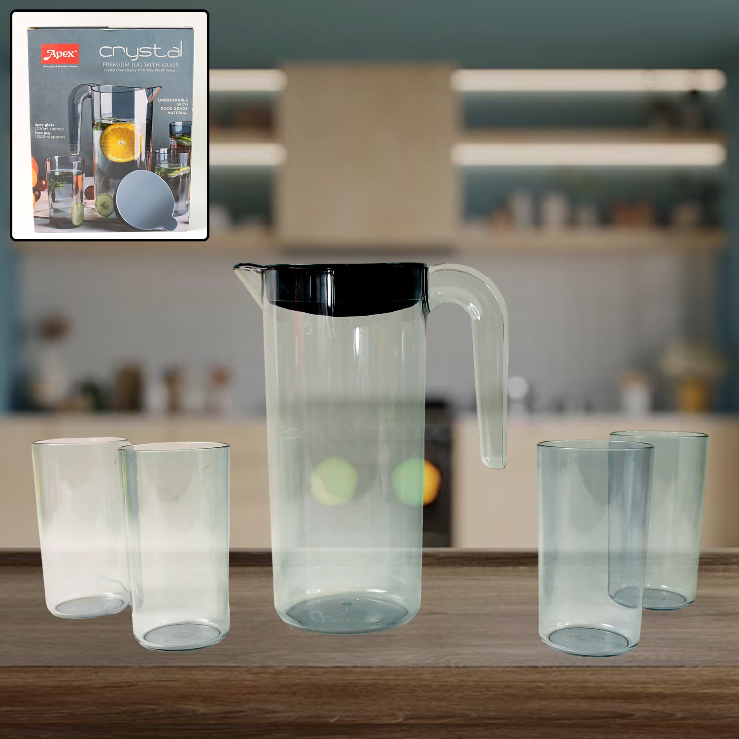 Apex Crystal Premium Jug With Lid  4 Pcs Glass (1500 Ml  300 Ml Approx  5 Pcs Set) Apex Crystal Premium Jug With Lid  4 Pcs Glass (1500 Ml  300 Ml Approx  5 Pcs Set)